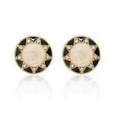 14K Gold Round Rhinestone Studded Enamel Two-Toned Earrings Black / Clip On